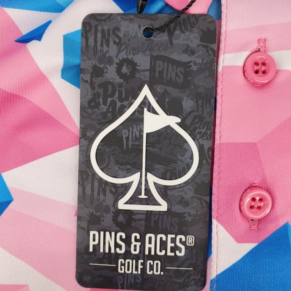Pins & Aces Mens XXL Floating Geo Golf Polo Shirt Dodger Blue‎ Pink Stretch New